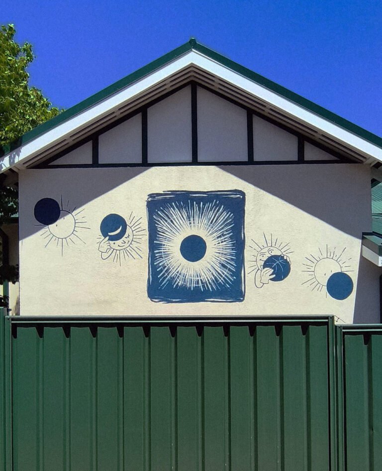 A comic like mural depicting an eclipse - by illustrator Vilde Espenes