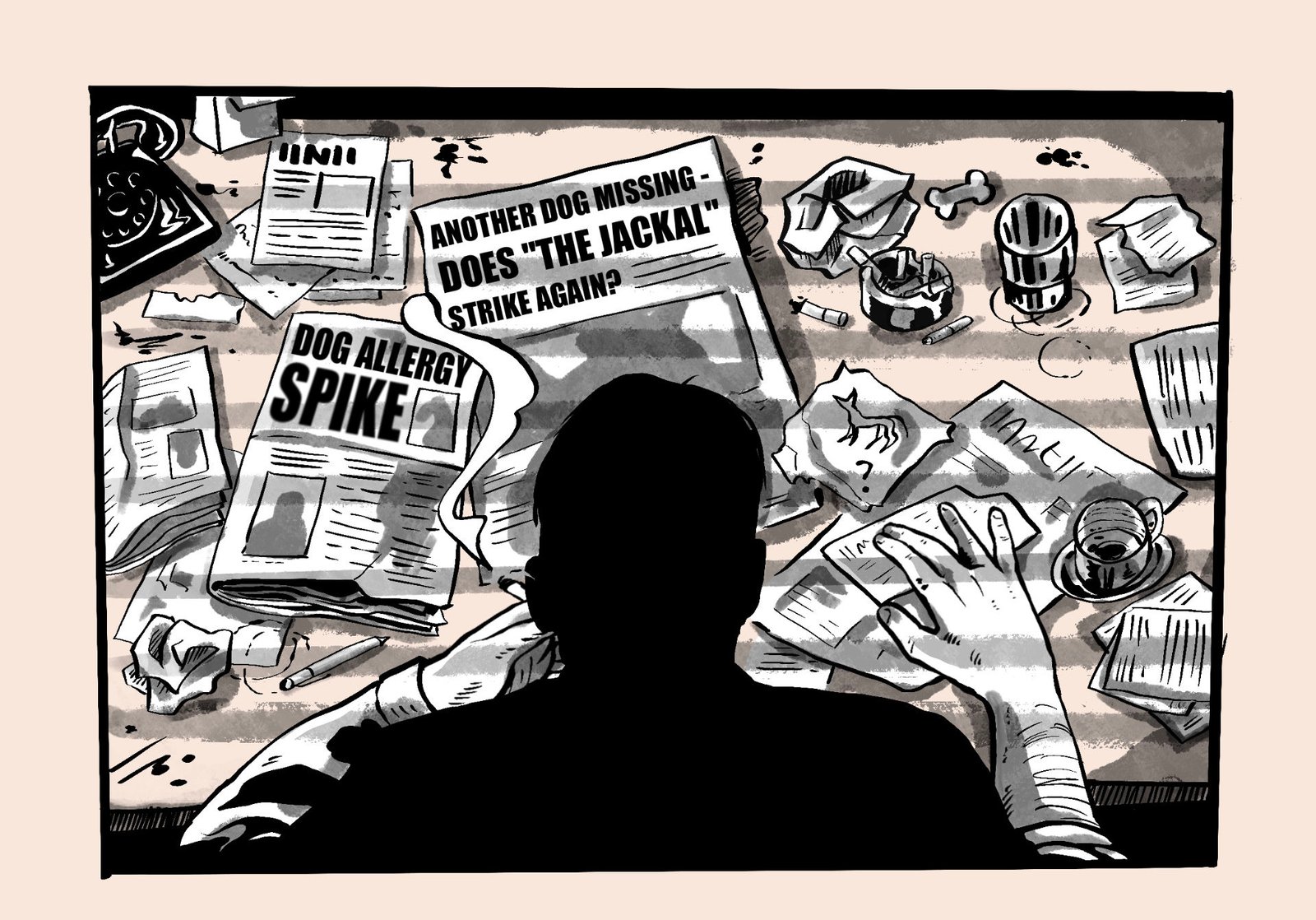 Comic like black and white illustration of a detective looking over a messy desk