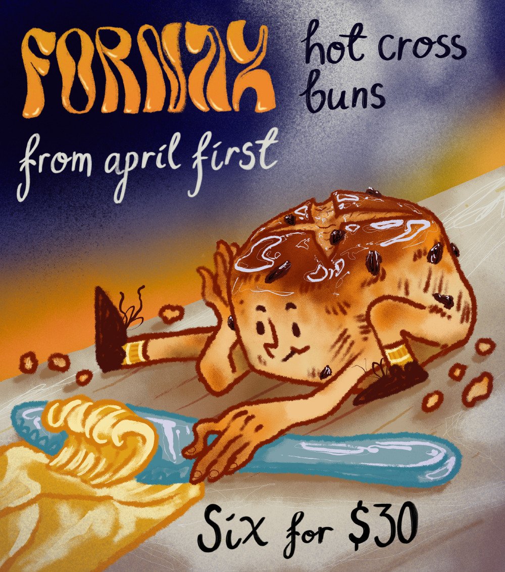 Fornax Hot Cross Buns poster created by Vilde Espenes featuring a humanoind hot crossed bun playing with butter