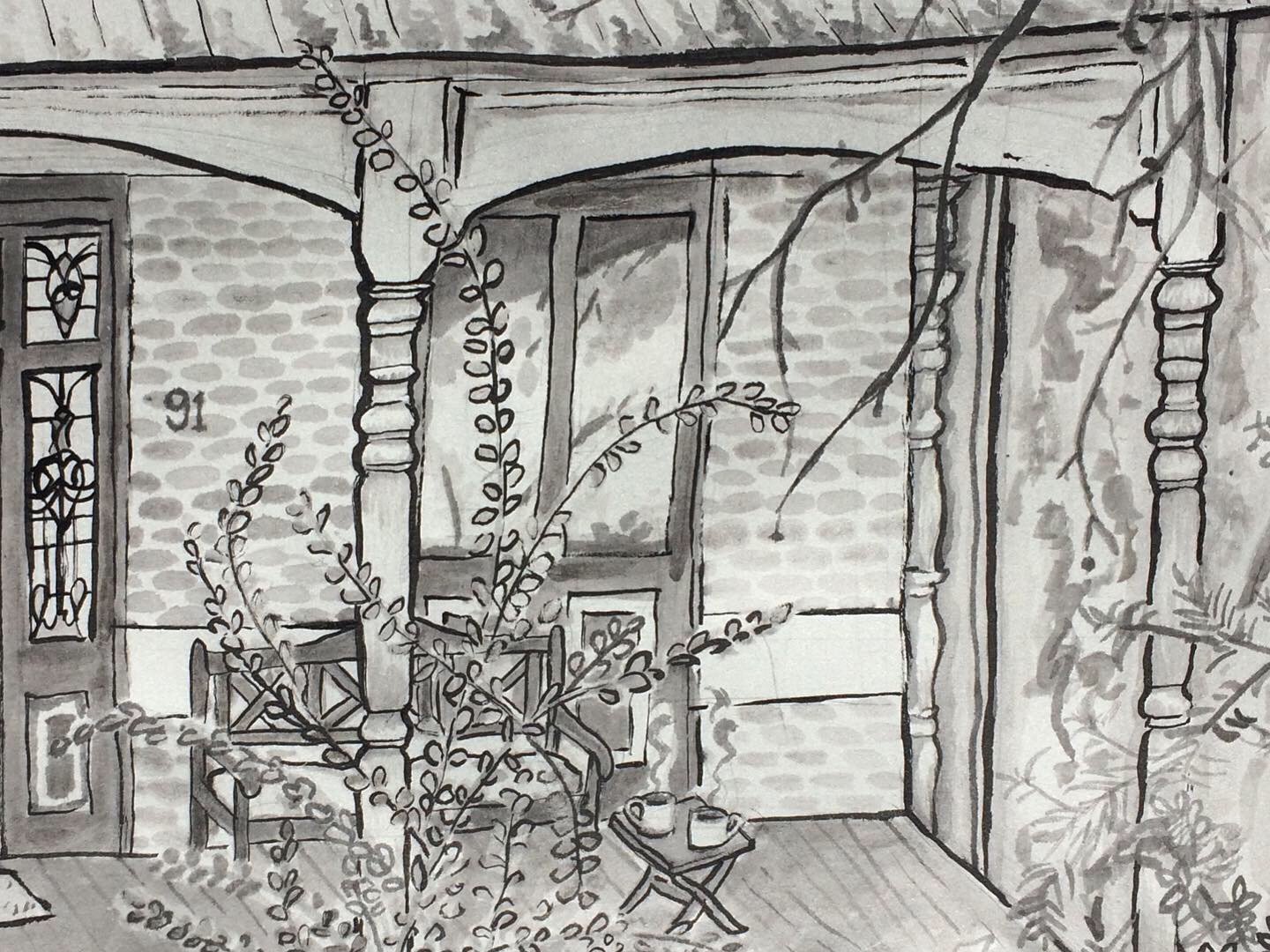 Ink illustration depicting an Australian front varanda