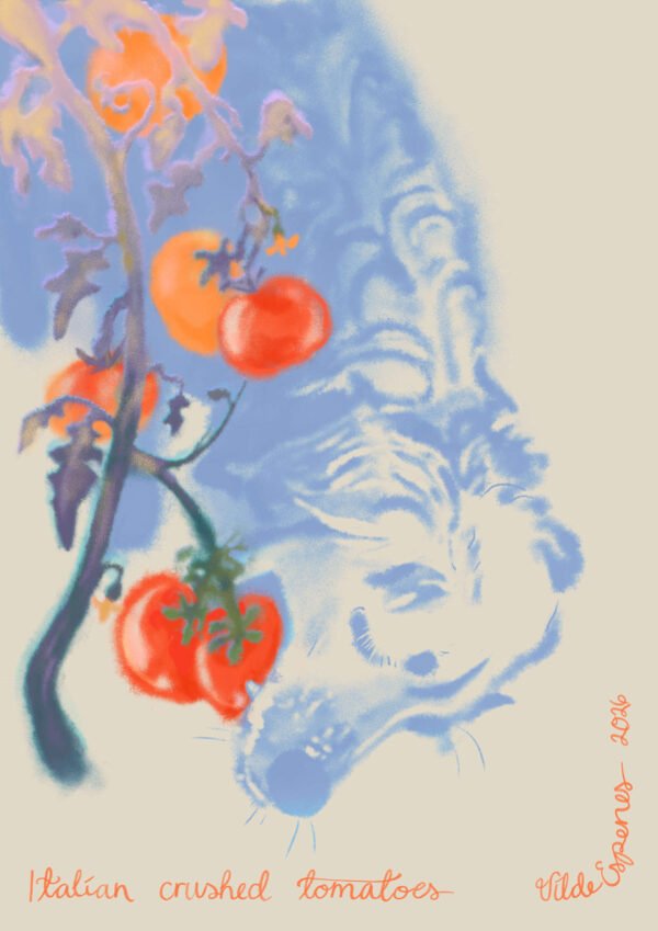 Illustrated poster by Vilde Espenes depicting a dog eating a tomato from the plant in a dreamy style