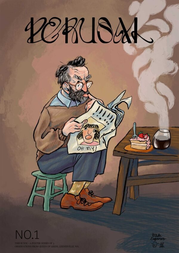 Man reading the newspaper at a cafe. Illustrated poster by Vilde Espenes