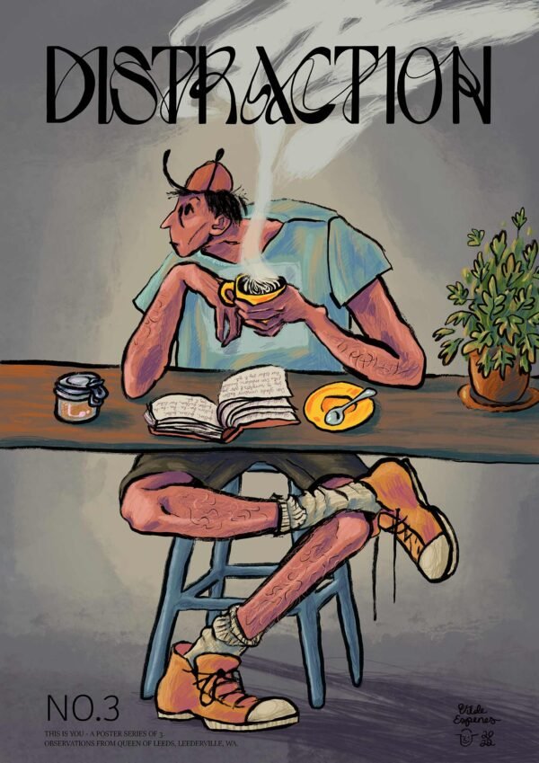 Illustrated poster by Vilde Espenes depicting a man drinking coffee while reading a bok