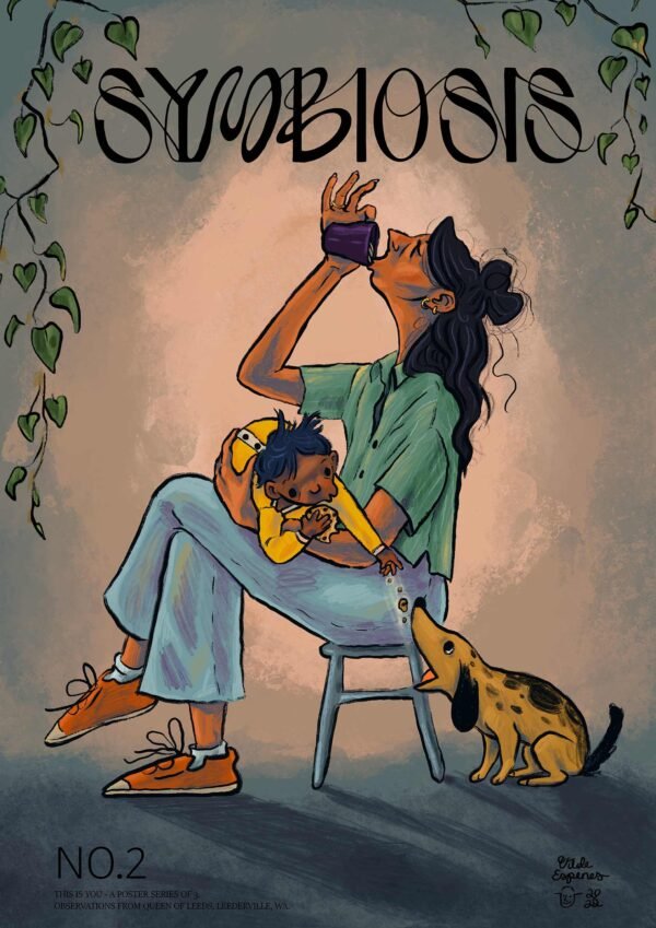 Illustrated poster by Vilde Espenes depiction a mum drinking coffee with a baby on her lap feeding a dog
