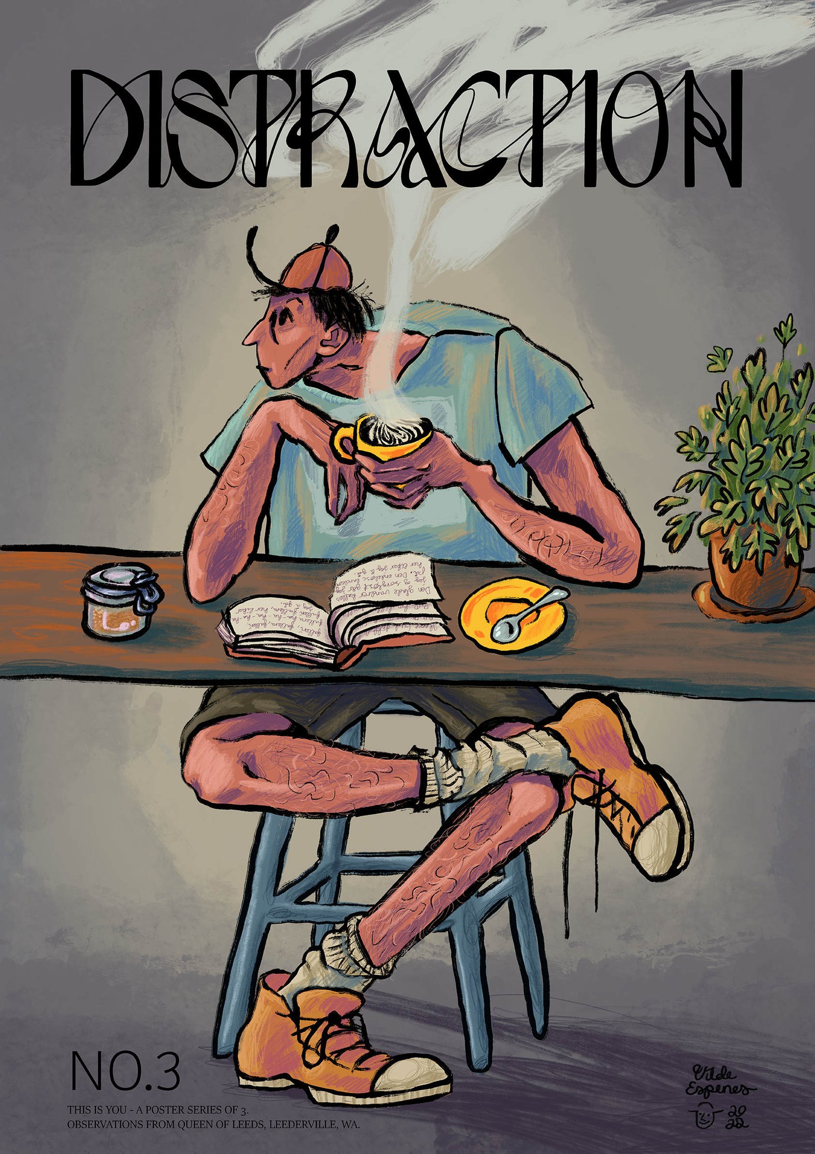 Illustrated poster featuring a comic like man drinking coffee - by perth illustrator Vilde Espenes